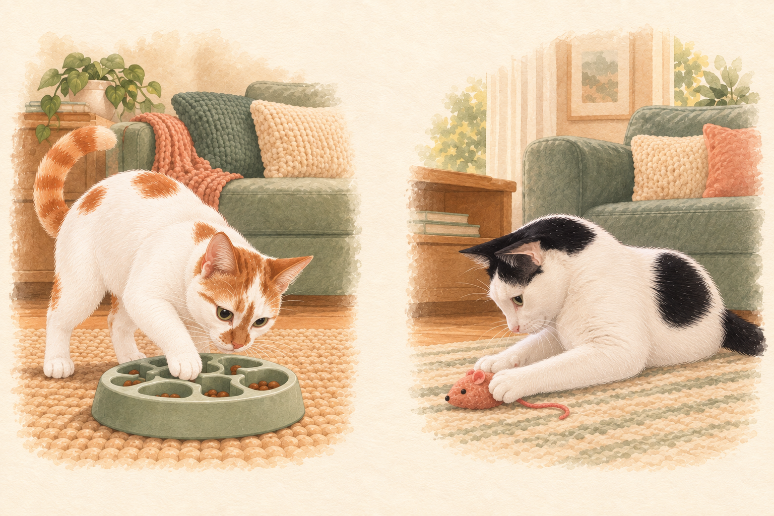 Illustration of Thelma investigating a puzzle feeder and Louis holding a toy mouse between his front paws.