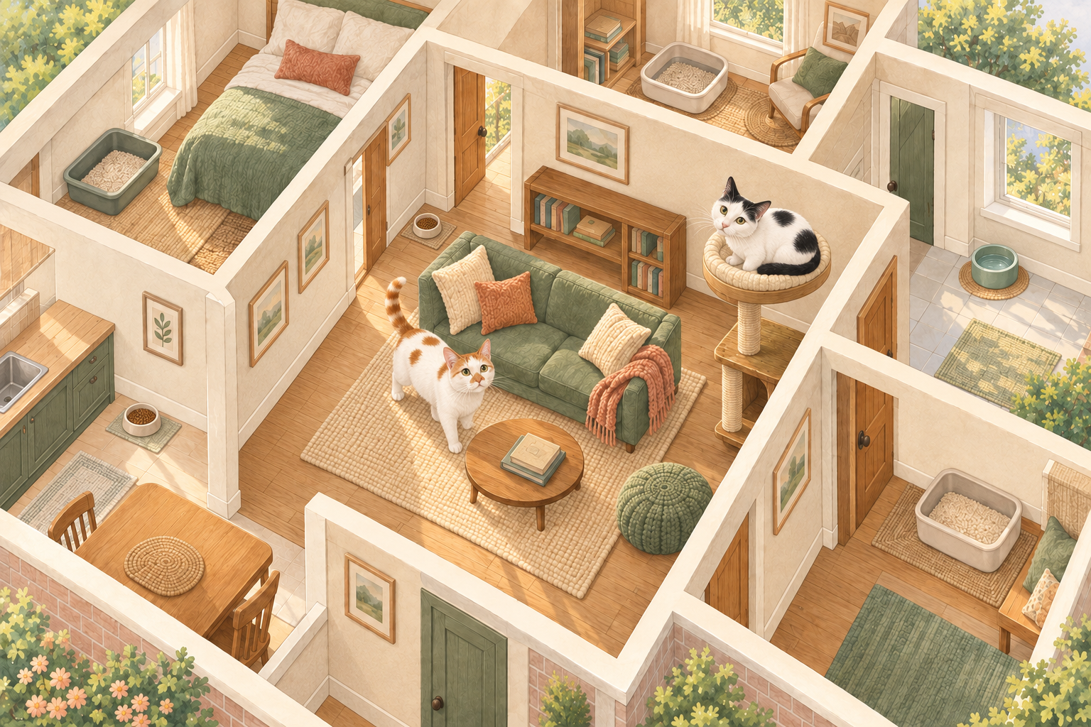 Illustrated home cutaway showing Thelma and Louis with separated food, water, litter and resting areas.