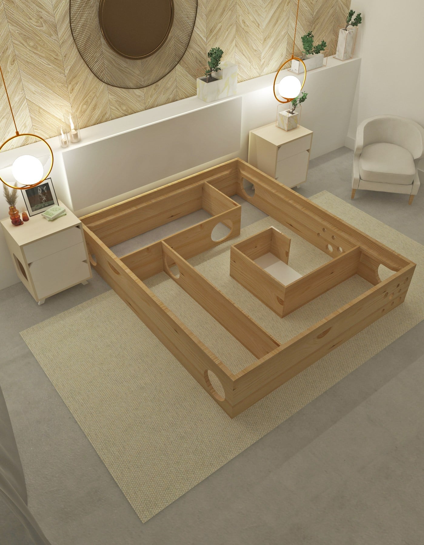 The CatLife bed with the mattress platform removed to reveal the maze inside the base