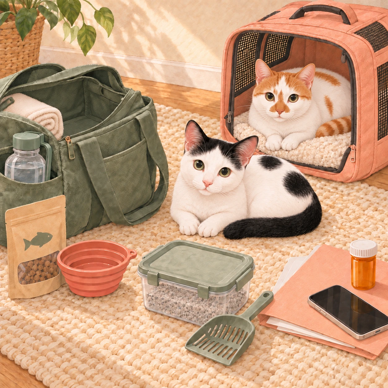 Thelma in a carrier and Louis beside a cat emergency bag, food, water, litter, medication, records and a phone.