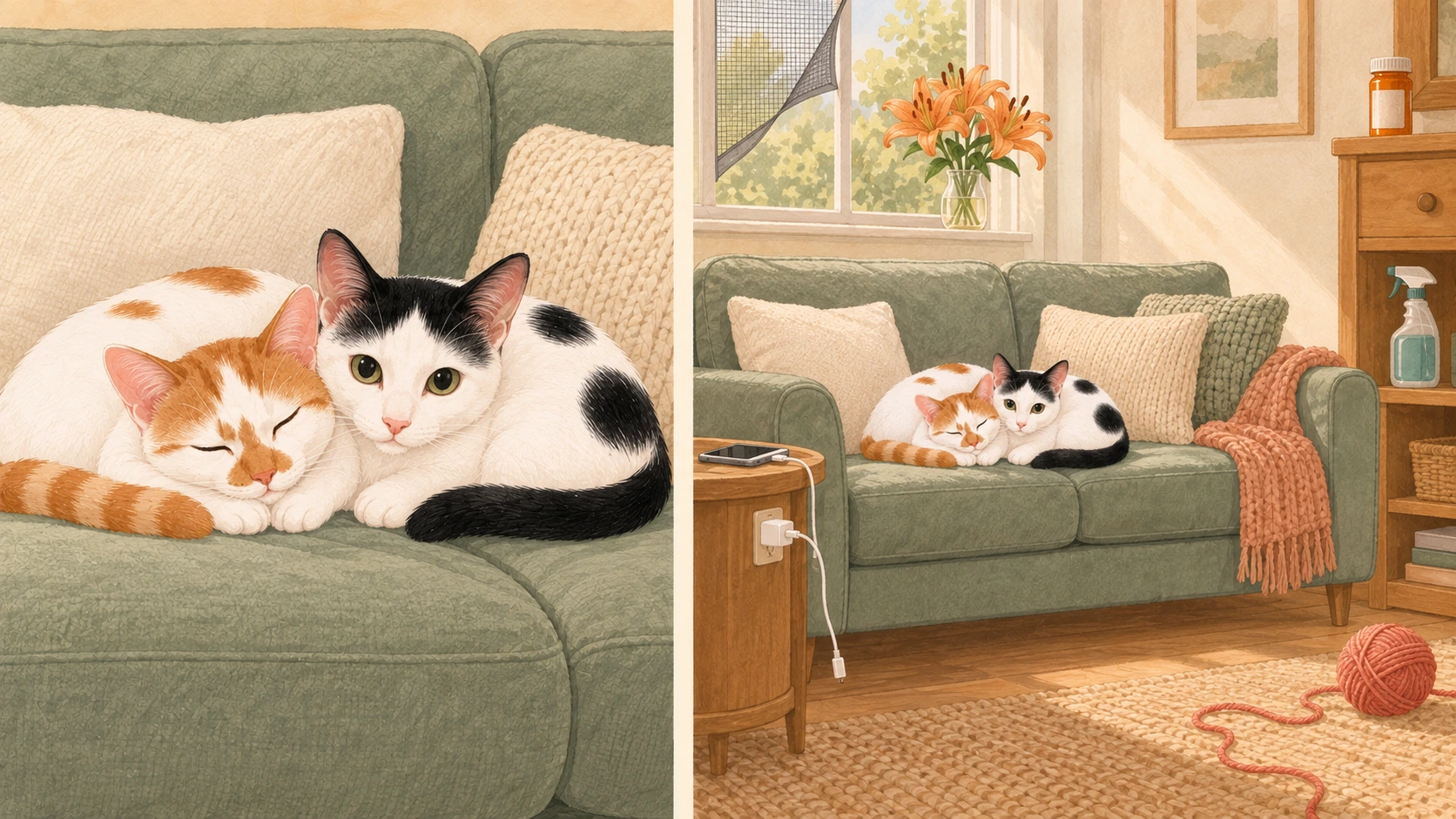 A close-up of Thelma and Louis on a sofa beside a wider view revealing household hazards.