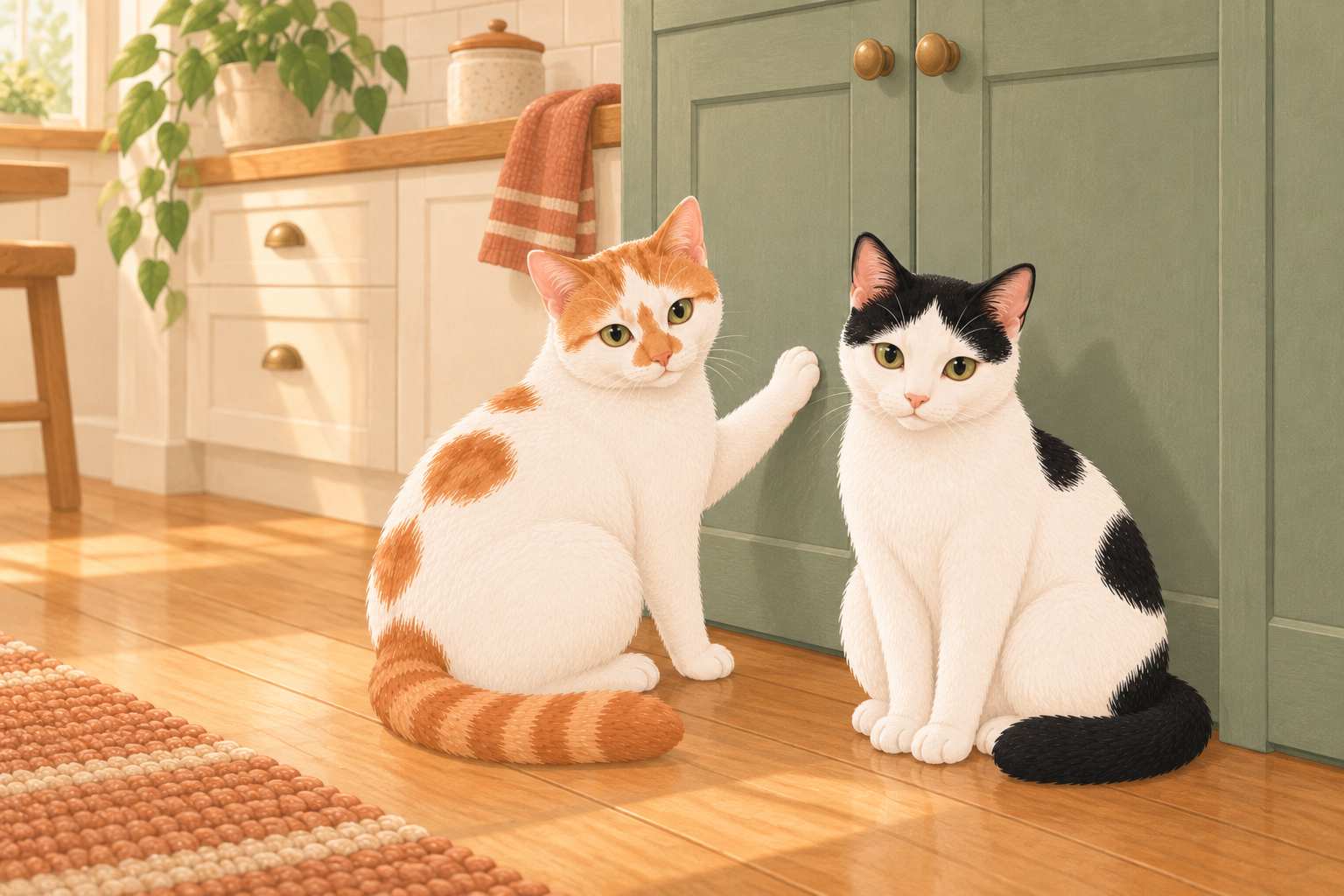 Illustration of Thelma and Louie waiting beside a securely closed kitchen cupboard, with Thelma resting one paw on the door.