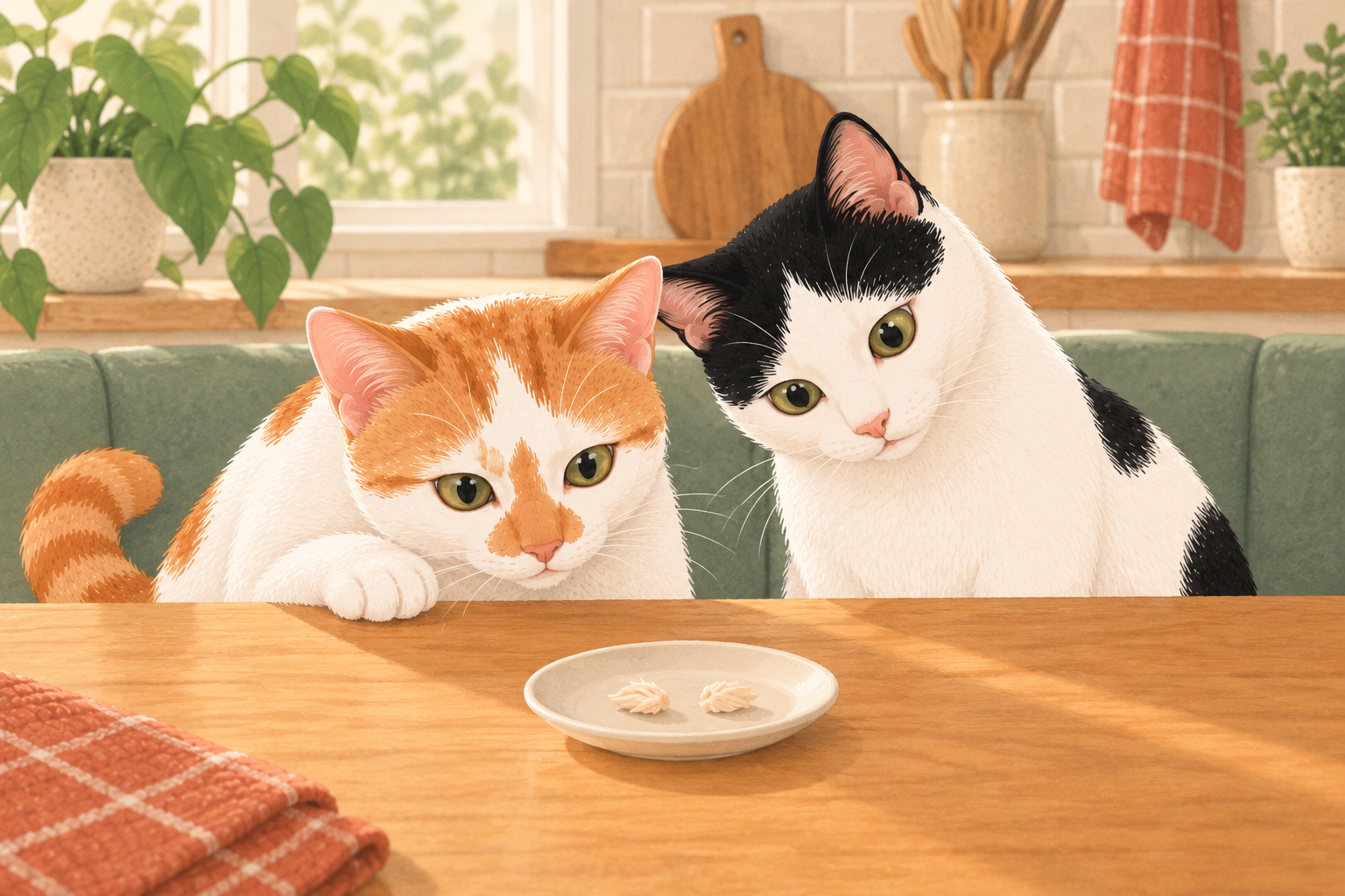 Illustration of orange-and-white and black-and-white cats eagerly eyeing two tiny portions of cooked chicken.