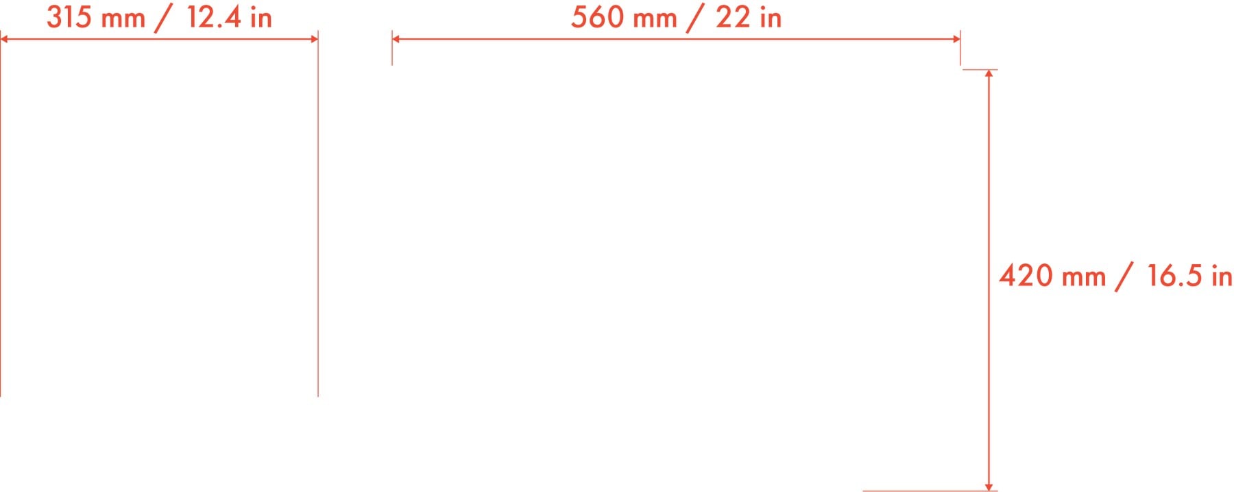 Dimension diagram for the Living Format Monorail showing its height, width and depth