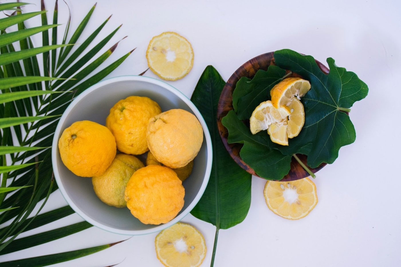 Whole and sliced lemons arranged in bowls with green leaves