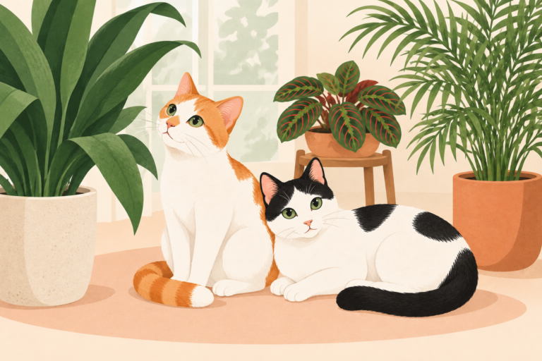 Illustration of Thelma and Louis beside a cast iron plant, prayer plant, and parlor palm.