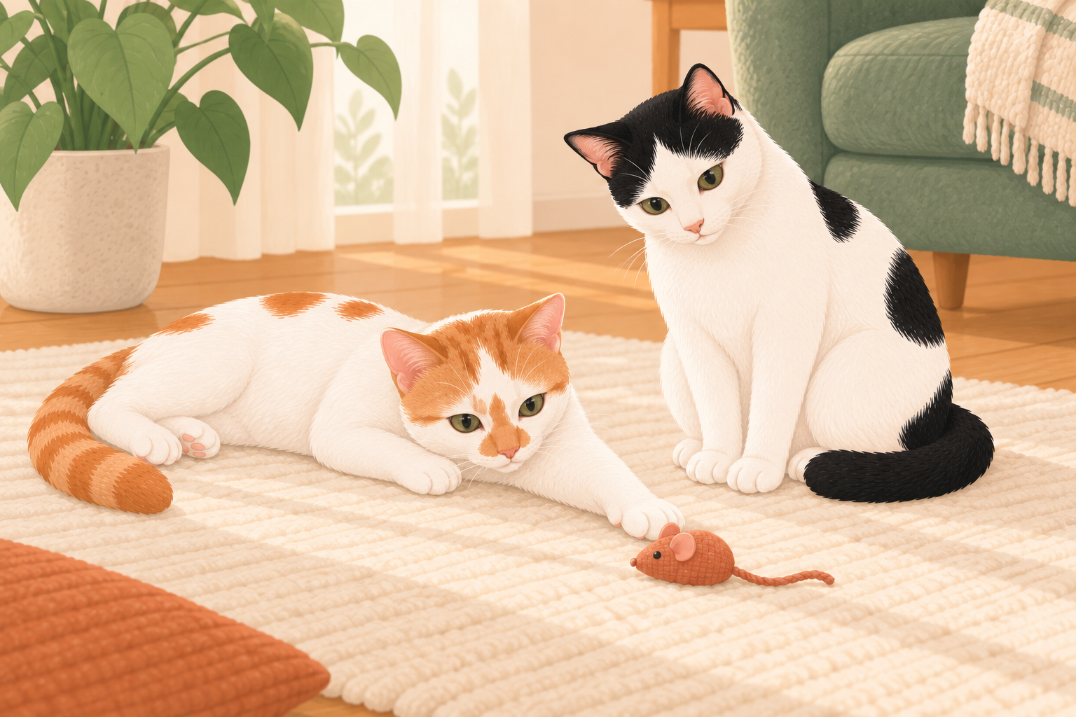 Illustration of Thelma reaching for a toy mouse with one front paw while Louis watches