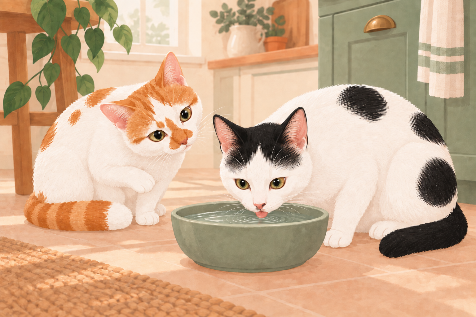 Illustration of Louis lapping water from a green bowl while Thelma watches