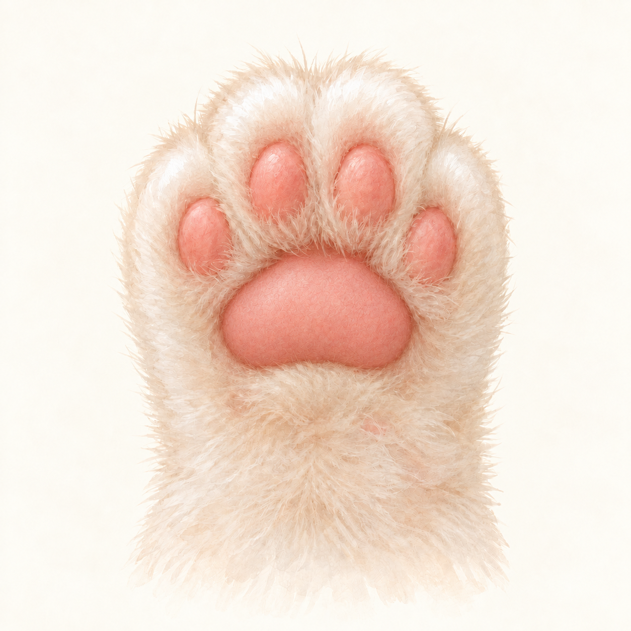Illustration of a cat paw with a smooth continuous pink central pad without dividing grooves.