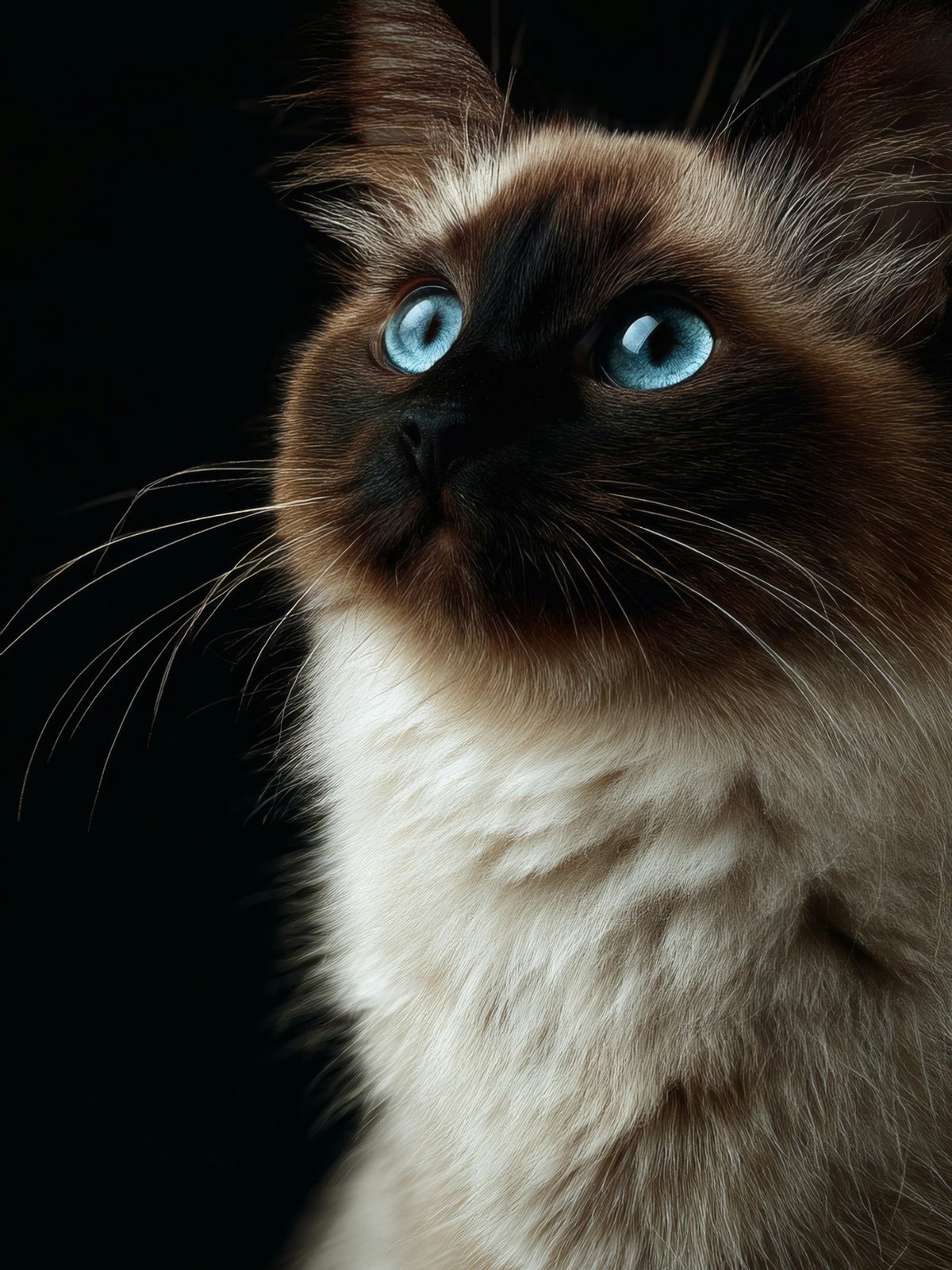 A seal point Ragdoll cat in profile against a dark background